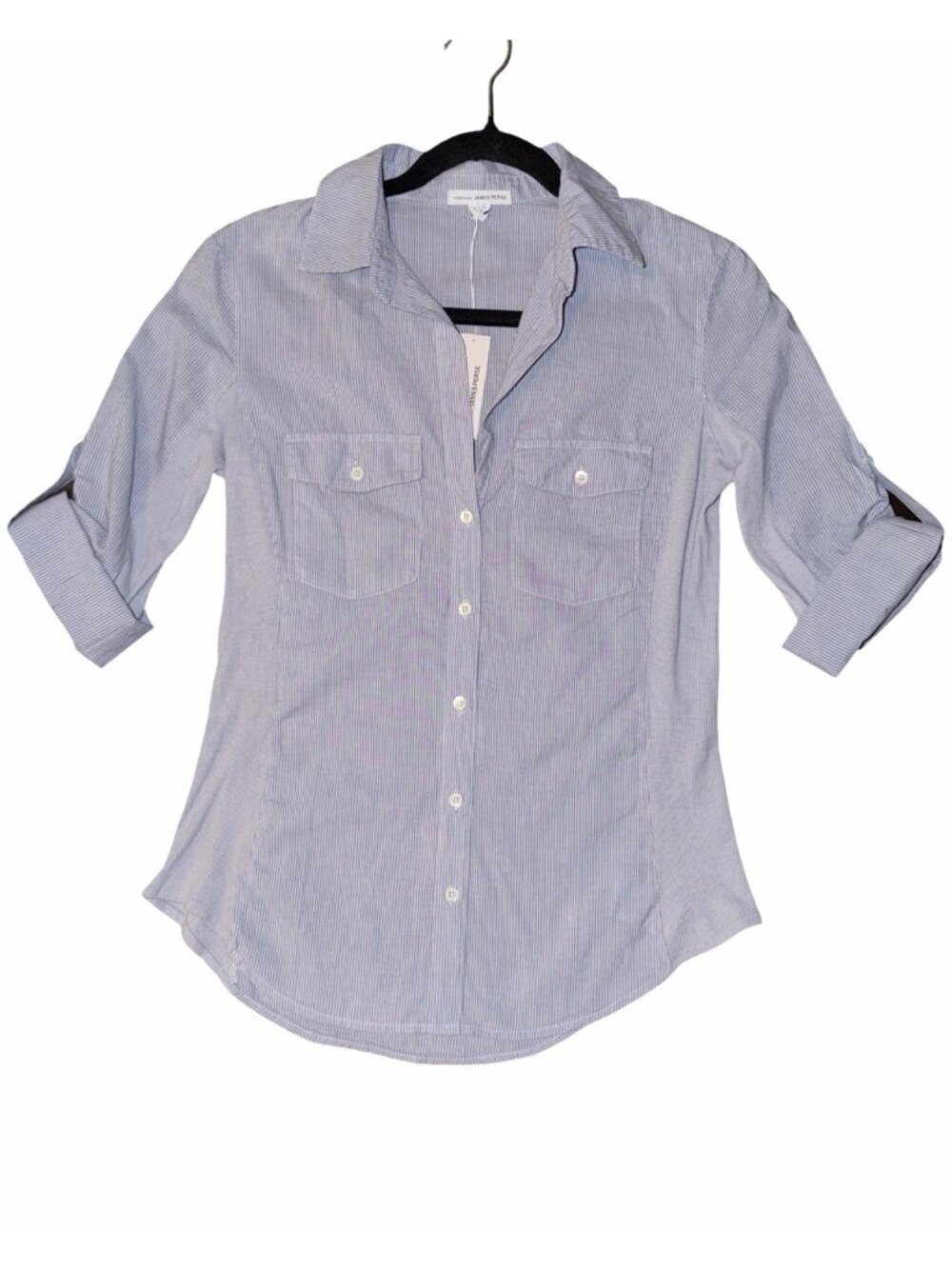 New James Perse Blue Striped  Sheer Side Slub Shirt 2 With Roll Sleeves Preppy